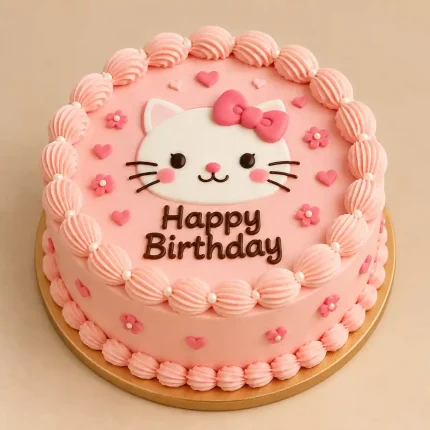 Kids character birthday cake with lilac unicorn or pink kitten fondant character, pearls, stars and hearts