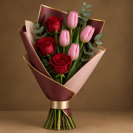 Red roses and pink tulips bouquet with eucalyptus and green foliage