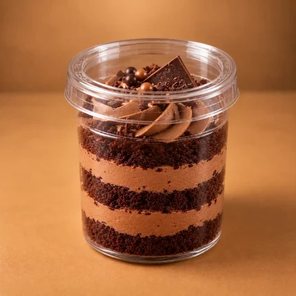 Chocolate cake jar layered with chocolate cream, cake crumbs and chocolate garnish