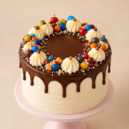 Chocolate drip cake with cream buttercream, ganache drip, colorful Candy toppings or red and pink Hearts decorations