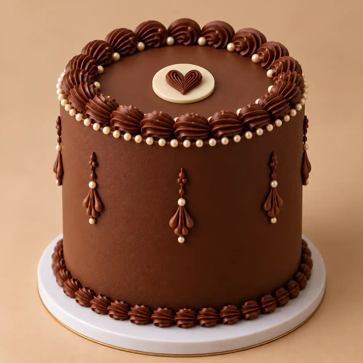 كيكة عيد ميلاد فاخرة بالشوكولاتة Luxury chocolate birthday cake with piped details, heart centerpiece and ivory and gold accents