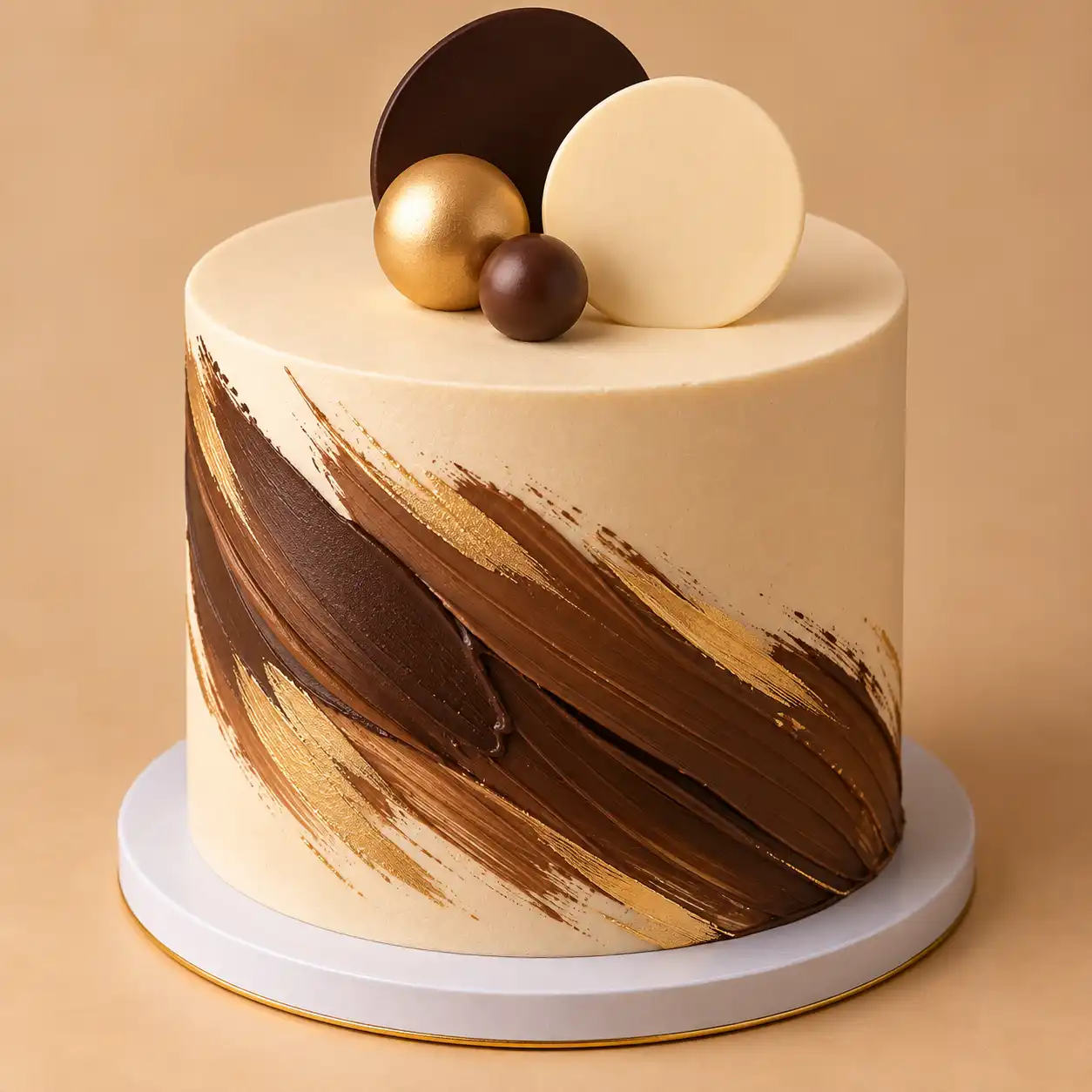 Chocolate Luxe Birthday Cake – 3 Designs Chocolate luxe birthday cake with ivory frosting, chocolate decorations and gold accents
