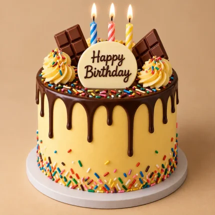 Chocolate sprinkle birthday cake with colorful sprinkles, chocolate drip, chocolate pieces and buttercream swirls