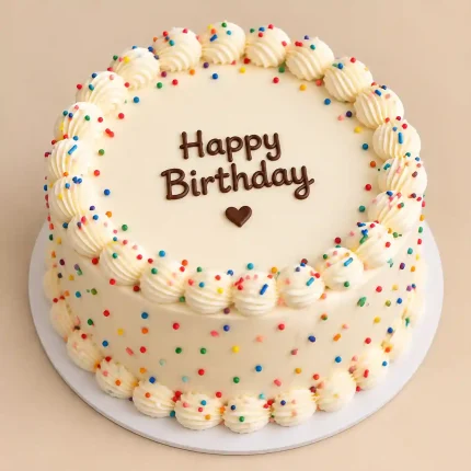 Pink or ivory heart-shaped buttercream cake with red fondant hearts, piped borders and personalized red message