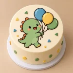 Cute dinosaur kids birthday cake with edible dinosaur artwork, colorful confetti and birthday details