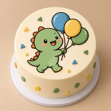 Cute dinosaur kids birthday cake with edible dinosaur artwork, colorful confetti and birthday details