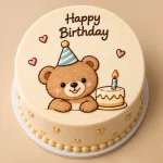 Cute teddy bear kids birthday cake with edible teddy bear artwork in three cheerful birthday designs