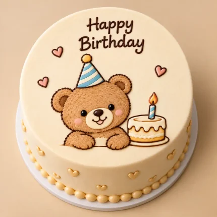 Cute teddy bear kids birthday cake with edible teddy bear artwork in three cheerful birthday designs