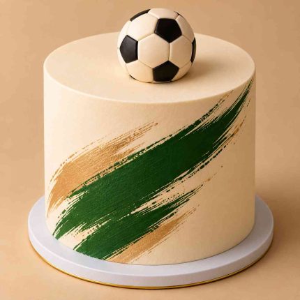 Football birthday cake in three designs including Saudi Green Football, Football Player and Black and Gold Football Age