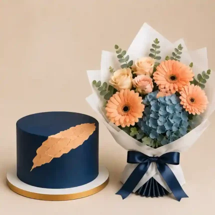 Gerbera, hydrangea and rose bouquet with matching color cake and satin bow