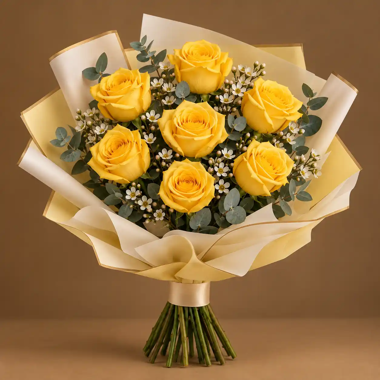 Golden Sunshine Yellow Rose Bouquet Seven yellow roses with white flowers, eucalyptus and fresh greenery in yellow and ivory wrapping