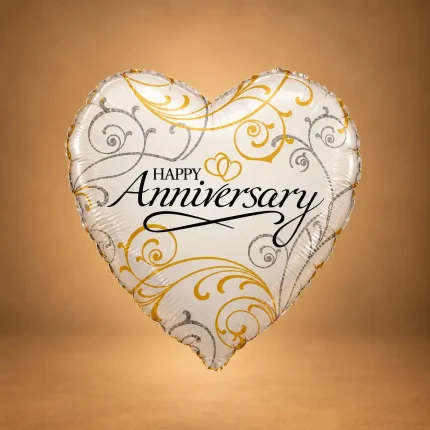 Elegant heart-shaped Happy Anniversary foil balloon with gold and silver decorative detailing