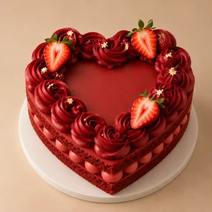 Heart-shaped layered cake with exposed filling, piped rosettes and red velvet or vanilla decorative toppings