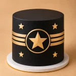 Hero Star kids birthday cake in blue, crimson and black and gold designs with star detailing