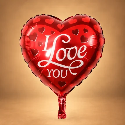 Glossy red heart-shaped I Love You foil balloon with romantic message