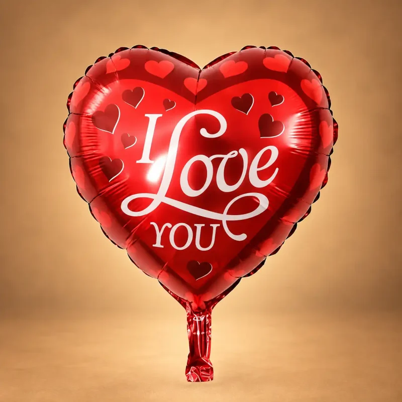 Glossy red heart-shaped I Love You foil balloon with romantic message