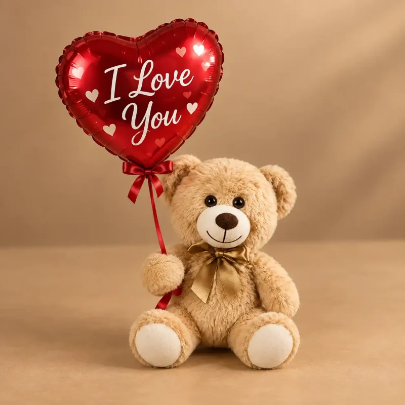 Soft teddy bear with a red heart-shaped I Love You balloon