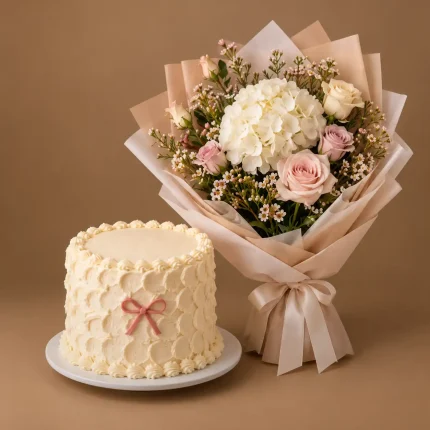 Ivory buttercream cake with blush bow and blush hydrangea bouquet