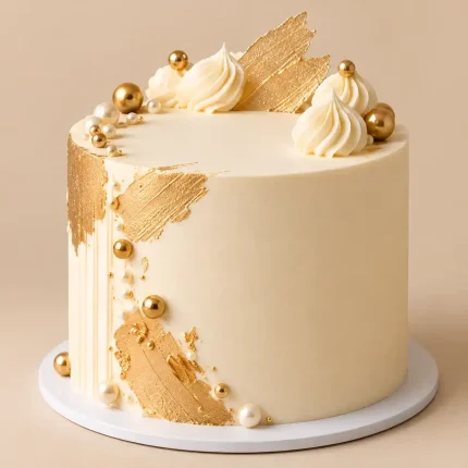 Ivory and gold luxury celebration cake with cream swirls, pearl accents and elegant gold detailing