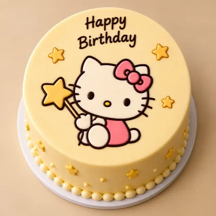 Pink Kitty kids birthday cake with edible kitty artwork, hearts, stars and pastel birthday decorations