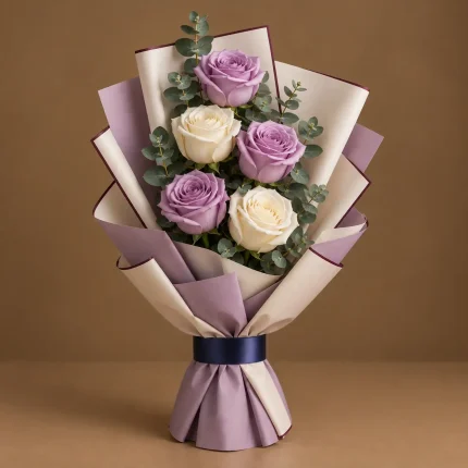 Lavender and ivory roses arranged in an elegant contemporary bouquet
