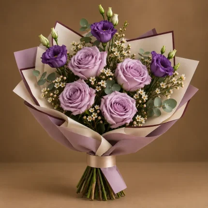 Lavender roses and deep purple lisianthus with white filler flowers and eucalyptus