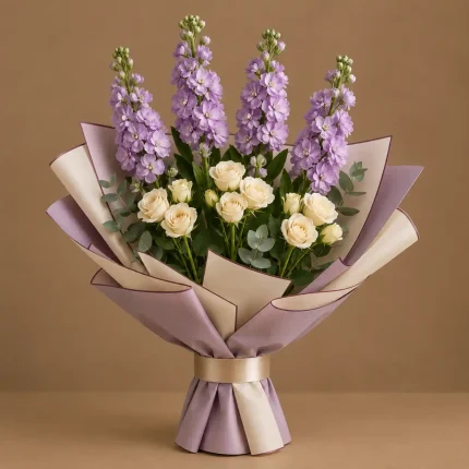 Lavender stock and ivory spray roses with eucalyptus in lavender and ivory wrapping