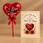 Shiny red I Love You heart-shaped balloon with an elegant bilingual Love greeting card