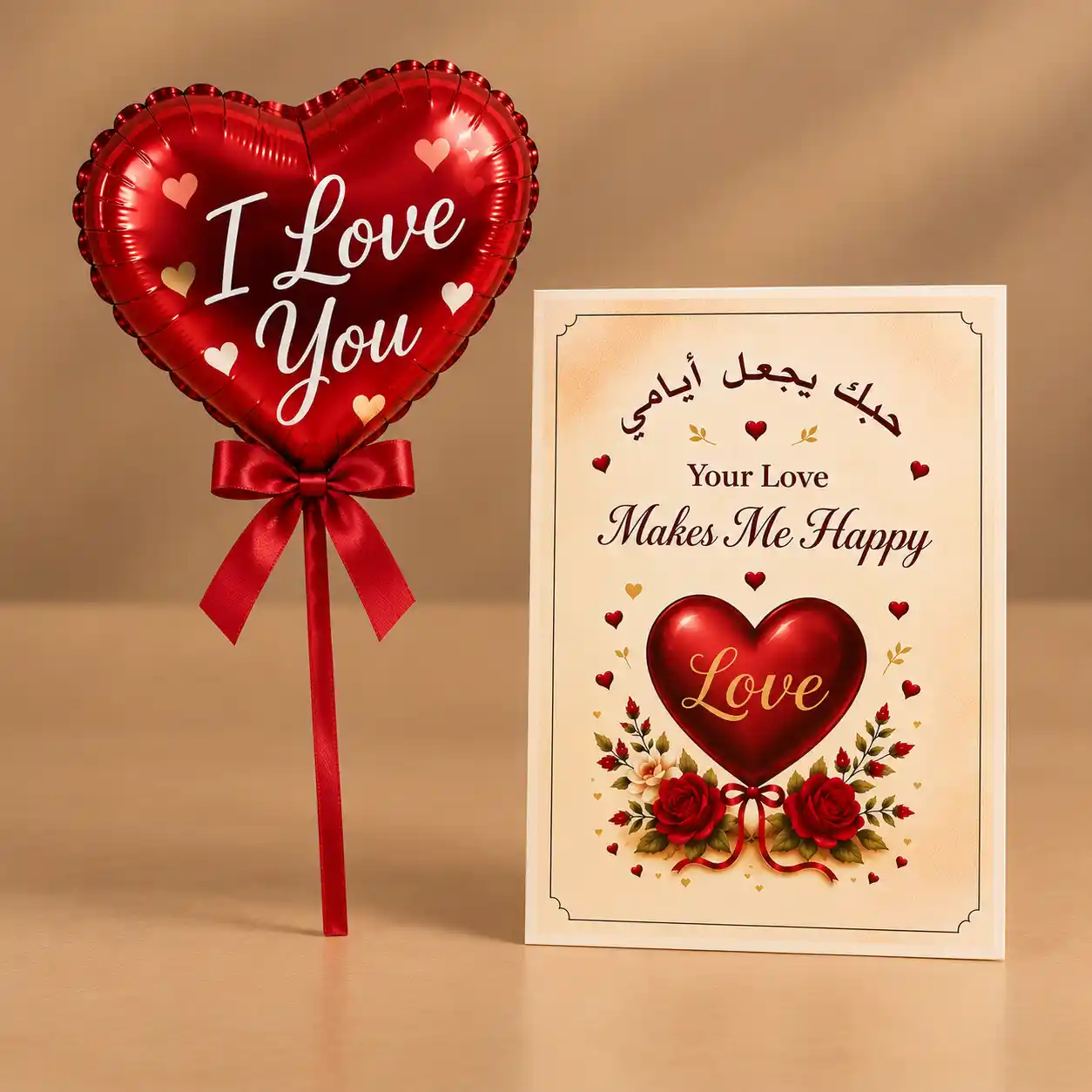 Love Balloon & Love Card Set Shiny red I Love You heart-shaped balloon with an elegant bilingual Love greeting card