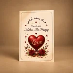 Love greeting card with a rich red heart, romantic roses and elegant bilingual artwork