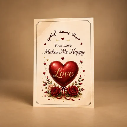 Love greeting card with a rich red heart, romantic roses and elegant bilingual artwork