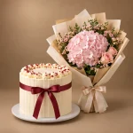 Maroon ribbon cake with pink hydrangea and blush rose bouquet