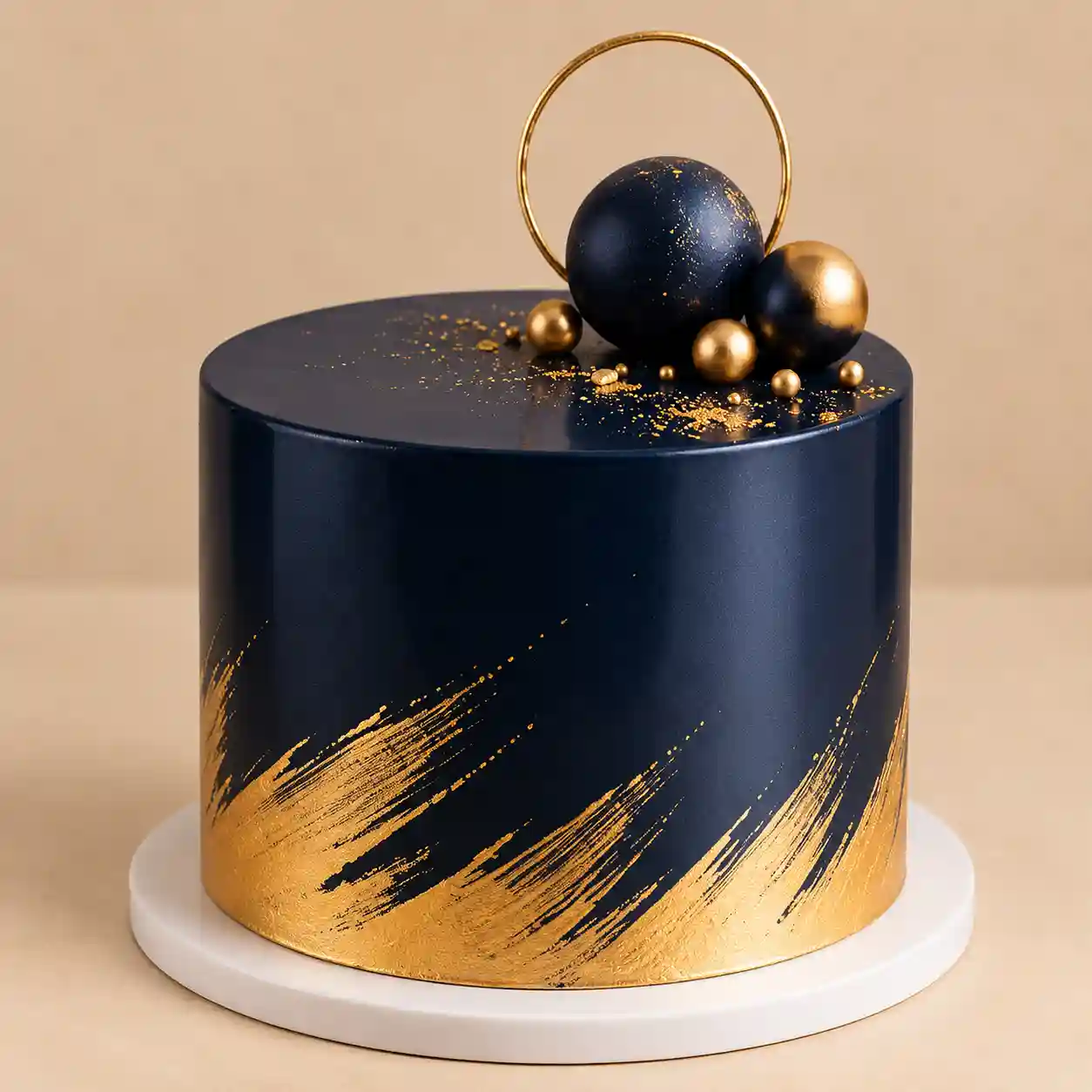 Navy & Gold Luxury Cake Tall navy and gold luxury cake with satin finish, gold brush detailing, gold flecks and decorative sugar spheres