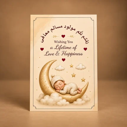 New Born Baby greeting card with sleeping baby on a golden crescent moon, clouds and stars