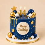 Tall birthday cake with gold drip, sugar stars and spheres, Happy Birthday plaque and personalized number candles