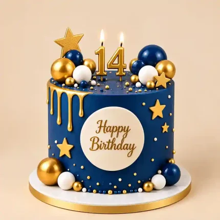 Tall birthday cake with gold drip, sugar stars and spheres, Happy Birthday plaque and personalized number candles