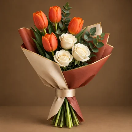 Four orange tulips and three ivory roses with eucalyptus and greenery in luxury wrapping
