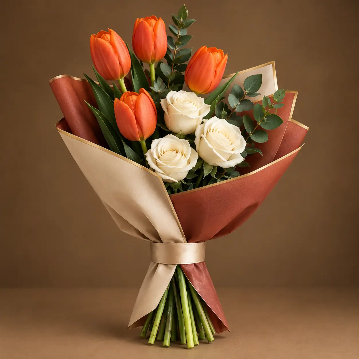 باقة توليب برتقالية وورود عاجية Four orange tulips and three ivory roses with eucalyptus and greenery in luxury wrapping
