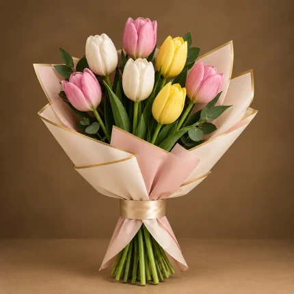 Pink white and yellow tulip bouquet with green foliage and eucalyptus accents