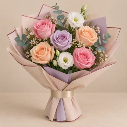 Pink peach and lavender roses with white lisianthus and eucalyptus in pastel wrapping