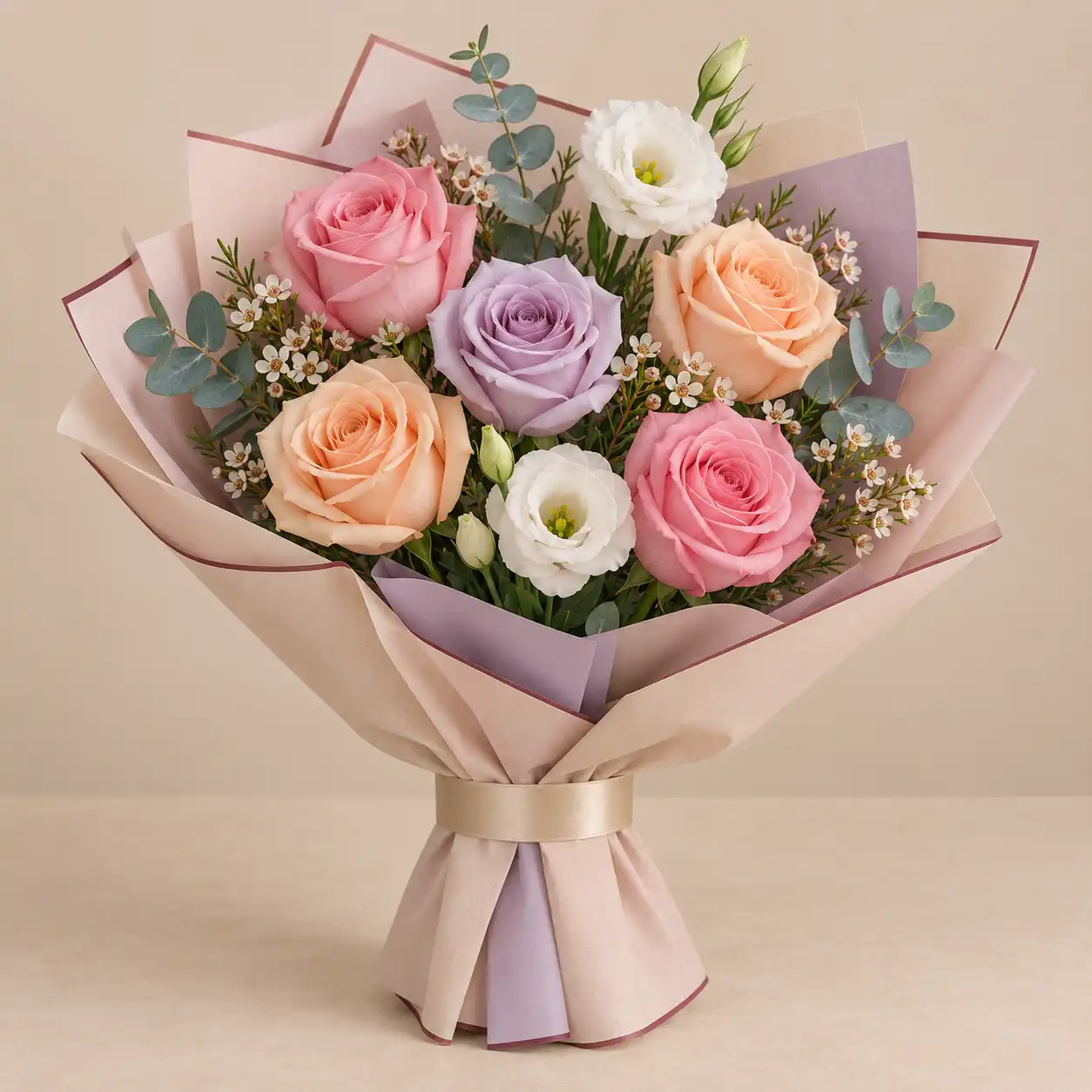 باقة ورود وليزيانثوس بألوان الباستيل Pink peach and lavender roses with white lisianthus and eucalyptus in pastel wrapping