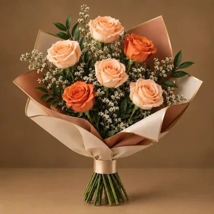 Seven peach and orange roses with white filler flowers and fresh greenery in cream and peach wrapping