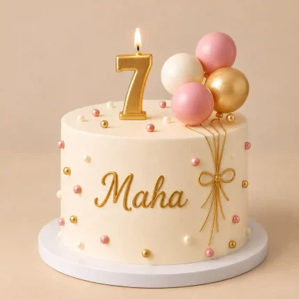Personalised birthday cake with gold-script name, matching age candle and ivory or pink decorative design