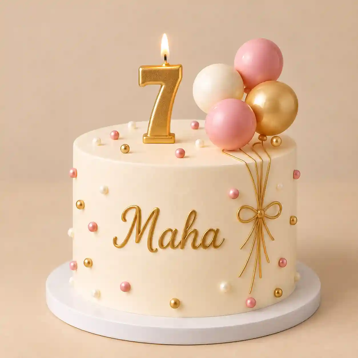 Personalised Name Cake with Age Candle Personalised birthday cake with gold-script name, matching age candle and ivory or pink decorative design