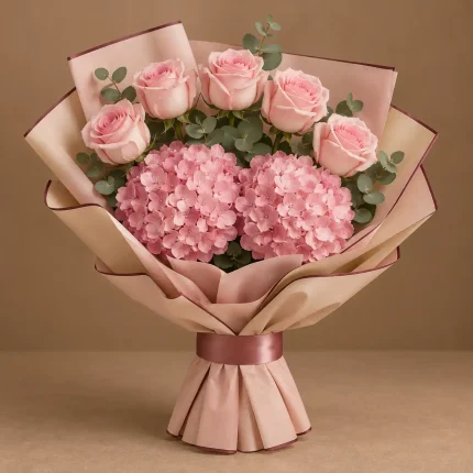 Pink hydrangeas and blush-pink roses with fresh greenery in blush and warm-beige wrapping