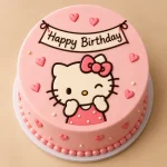 Pink Kitty kids birthday cake with edible kitty artwork, pink hearts, balloons and birthday details