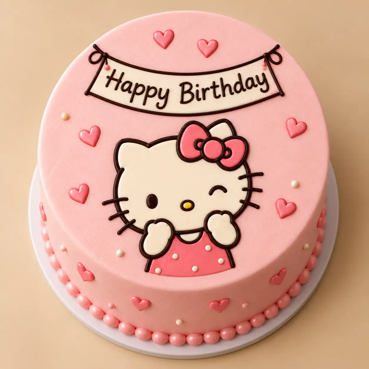 كيكة عيد ميلاد كيتي الوردية للأطفال. Pink Kitty kids birthday cake with edible kitty artwork, pink hearts, balloons and birthday details