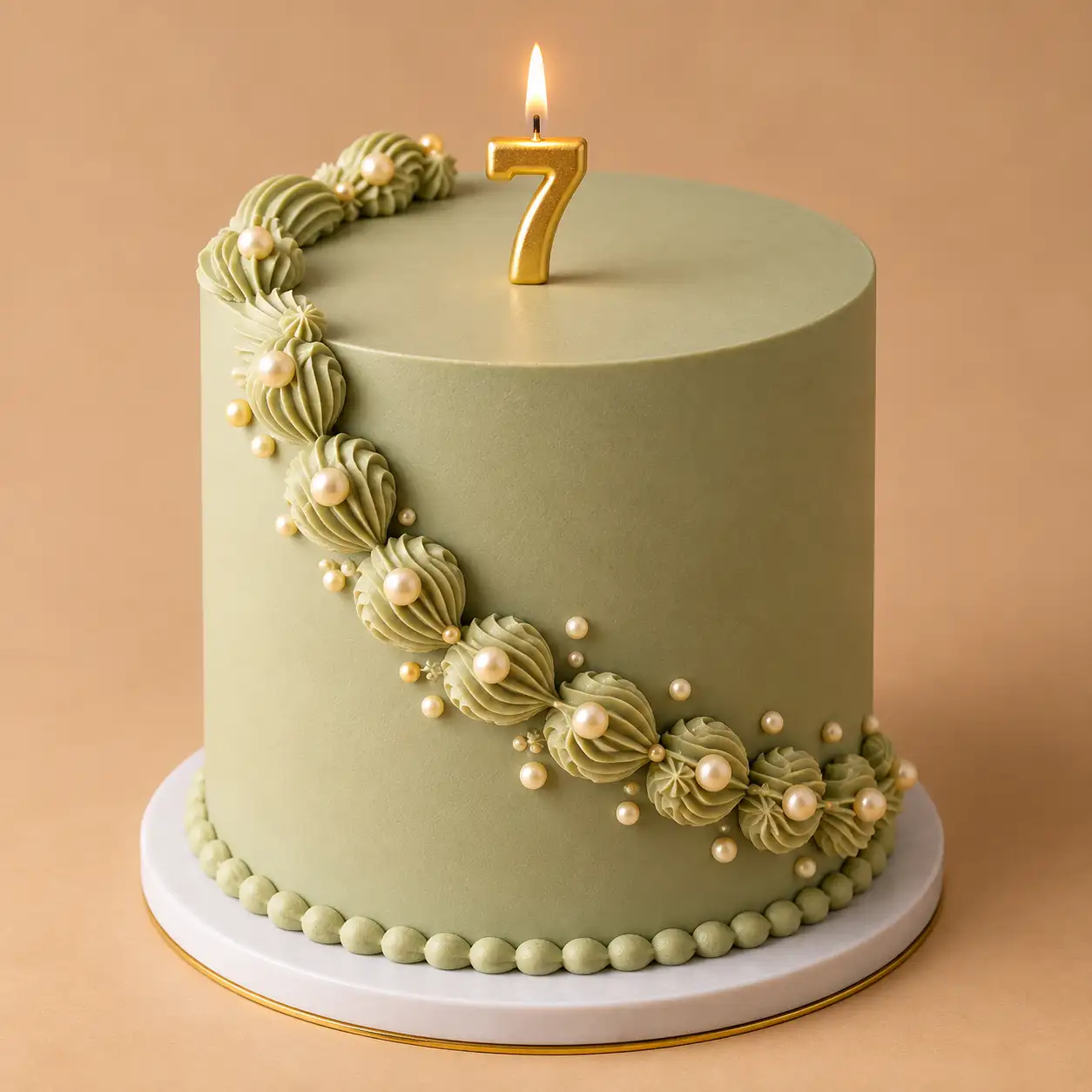 كيكة عيد ميلاد فستقية بتصميم فينتاج مع شمعة رقمية Pistachio green vintage birthday cake with cream piping pearl details and number candle