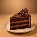 Belgian chocolate cake slice with chocolate cream, glossy ganache, chocolate swirl and garnish