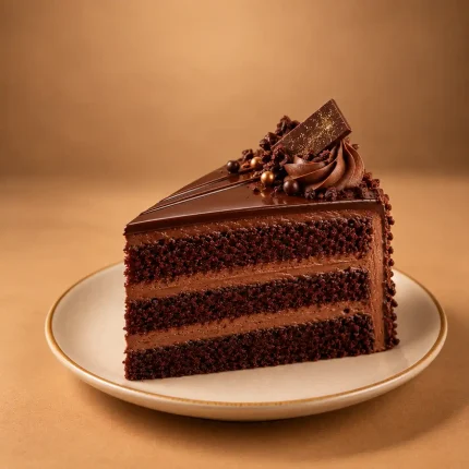Belgian chocolate cake slice with chocolate cream, glossy ganache, chocolate swirl and garnish